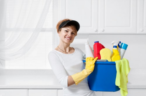 Cleaning supplies and tidy office surfaces in a Kensington office