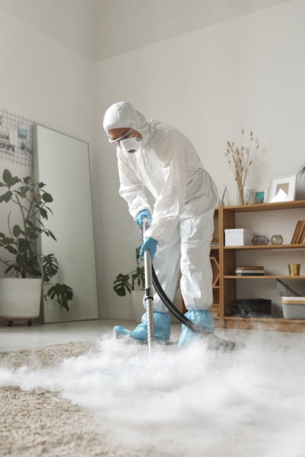 A professional cleaner dressed in full protective gear, including a white suit, gloves, mask, and goggles, performing deep carpet cleaning in a bright, modern living room with white walls and wooden shelves. The cleaner is using a steam extraction machine to remove stains and dirt from a beige carpet, creating visible steam and fog on the surface. The room features a large mirror, potted plants, and decorative items on the shelves, with natural light illuminating the space, demonstrating thorough surface cleaning and sanitisation. This image exemplifies the comprehensive cleaning services provided by Carpet Cleaning Kensington, aligned with their Earl Court stain removal and carpet cleaning guide, emphasizing hygiene and maintenance in domestic settings.