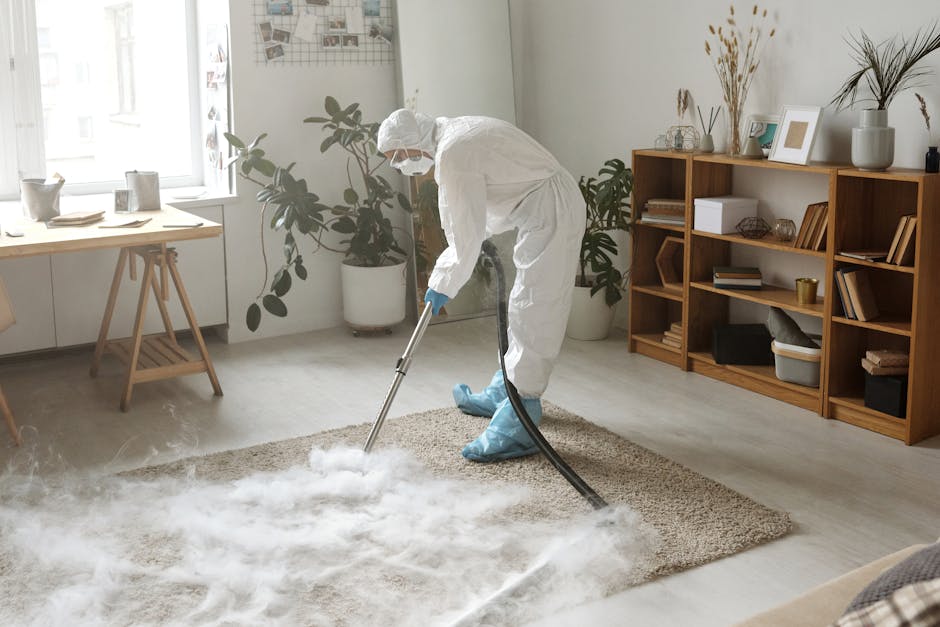 A professional cleaner dressed in full protective gear, including a white suit, gloves, mask, and goggles, performing deep carpet cleaning in a bright, modern living room with white walls and wooden shelves. The cleaner is using a steam extraction machine to remove stains and dirt from a beige carpet, creating visible steam and fog on the surface. The room features a large mirror, potted plants, and decorative items on the shelves, with natural light illuminating the space, demonstrating thorough surface cleaning and sanitisation. This image exemplifies the comprehensive cleaning services provided by Carpet Cleaning Kensington, aligned with their Earl Court stain removal and carpet cleaning guide, emphasizing hygiene and maintenance in domestic settings.