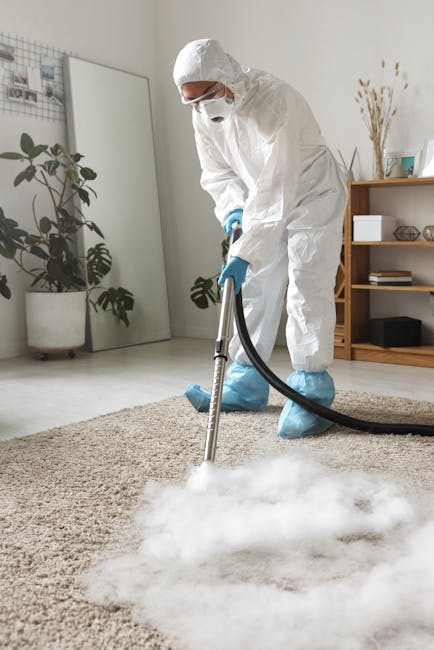 A professional cleaning technician dressed in full protective gear, including a white suit, face mask, gloves, and shoe covers, is performing deep cleaning on a beige carpet in a well-lit, modern living room. The room features a large mirror against the wall, two potted plants, and a wooden shelving unit with decorative items. The technician is using a steam cleaning machine, with steam and cleaning solution visible on the carpet surface, indicating a focus on surface sanitisation and thorough maintenance, as part of domestic cleaning services offered by Carpet Cleaning Kensington.